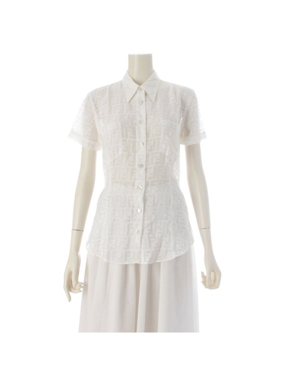 Fendi Jeans Zucca Sheer All Over Print Short Sleeve Shirt Blouse Top White 40